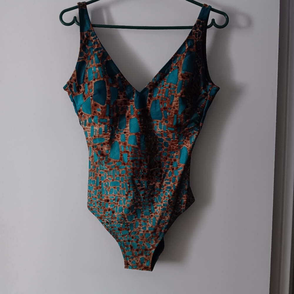 Gottex Teal and Brown One Piece Swimsuit